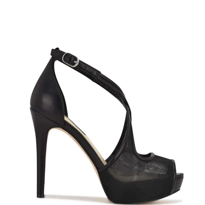Nine West Heels Women Hanya Peep Toe Platform Pumps Black Mesh