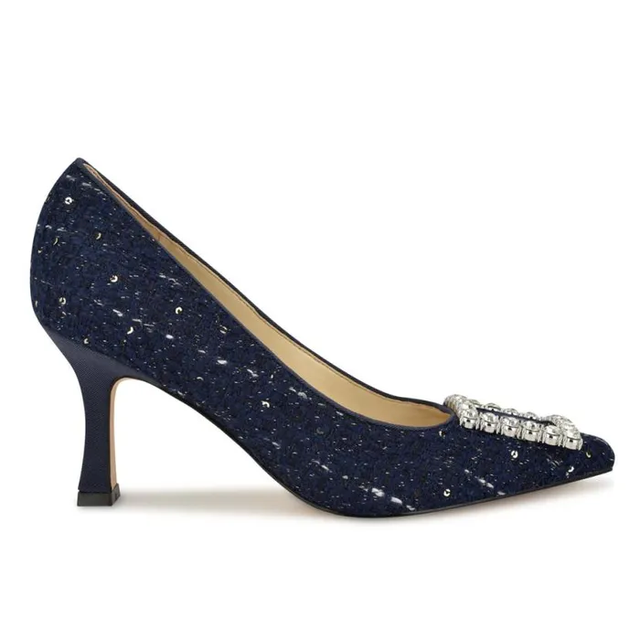 Nine West Heels Women Jaquee Embellished Dress Pumps Dark Blue Tweed