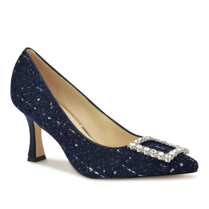 Nine West Heels Women Jaquee Embellished Dress Pumps Dark Blue Tweed