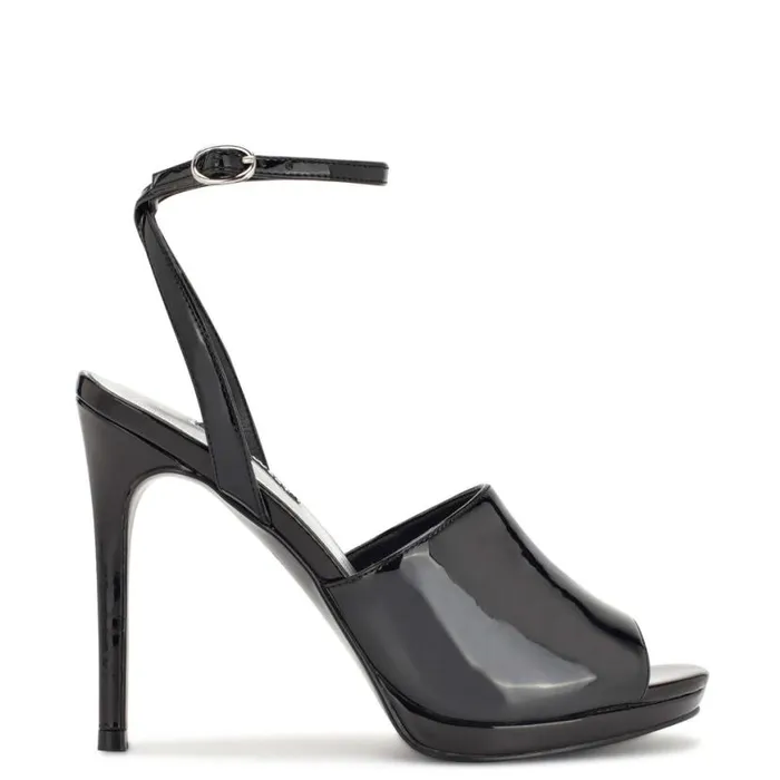 Nine West Heels Women Limbery Anke Strap Sandals Black Patent