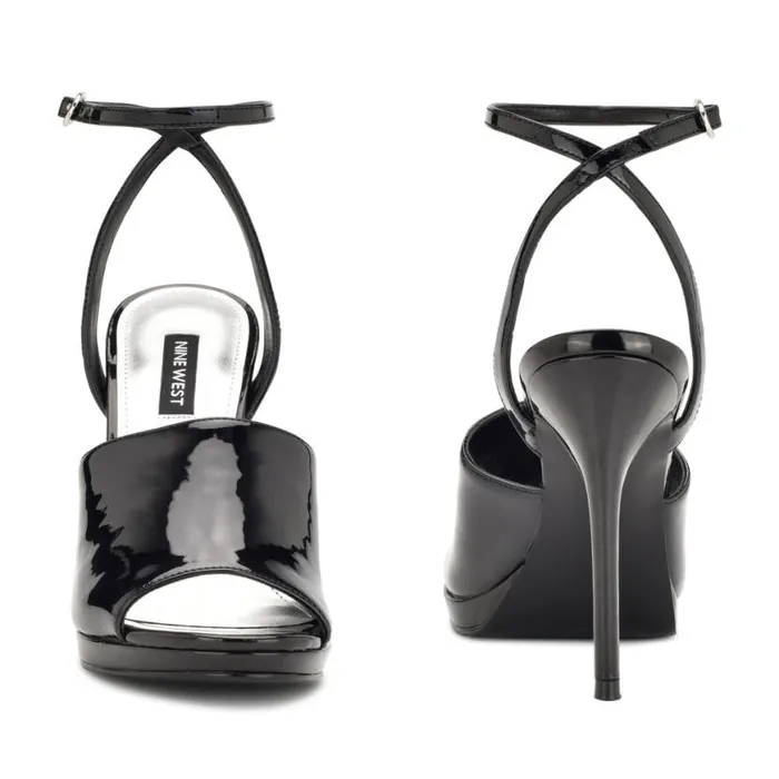 Nine West Heels Women Limbery Anke Strap Sandals Black Patent Nine West Heels Women Limbery Anke Strap Sandals Black Patent