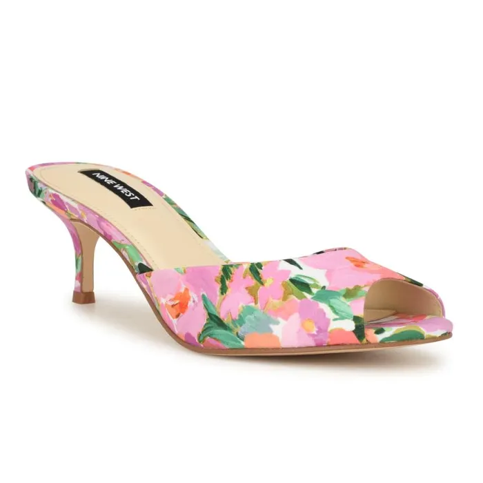 Nine West Heels Women Luvlie Heeled Slide Sandals Pink Floral