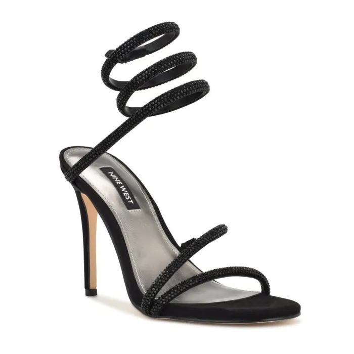 Nine West Heels Women Maskil Ankle Wrap Heeled Sandals Black Suede Nine West Heels Women Maskil Ankle Wrap Heeled Sandals Black Suede