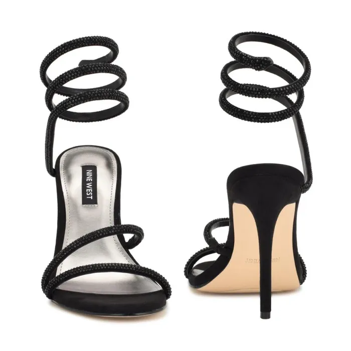 Nine West Heels Women Maskil Ankle Wrap Heeled Sandals Black Suede Nine West Heels Women Maskil Ankle Wrap Heeled Sandals Black Suede