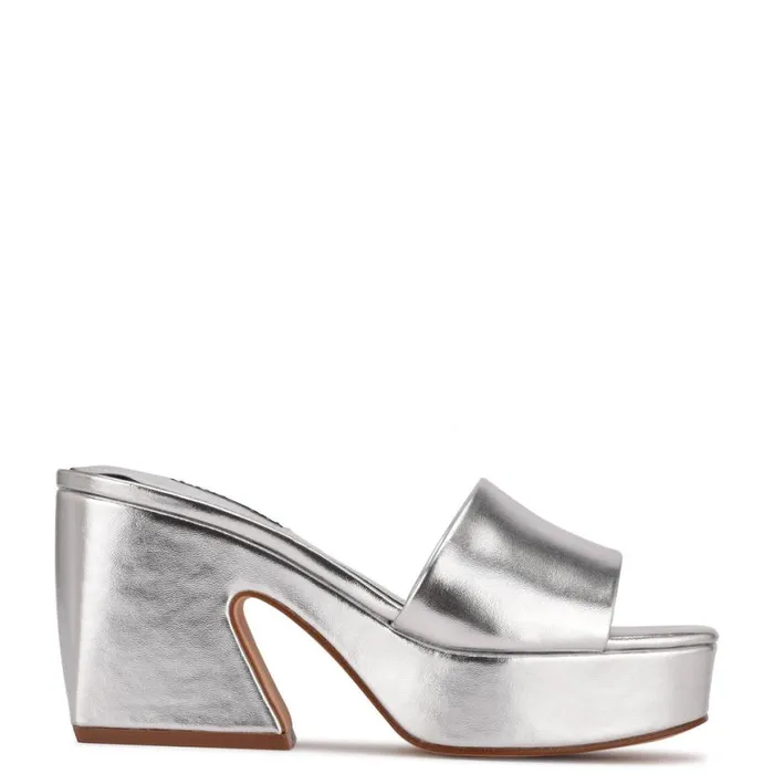 Nine West Heels Women Oklee Platform Slide Sandals Silver
