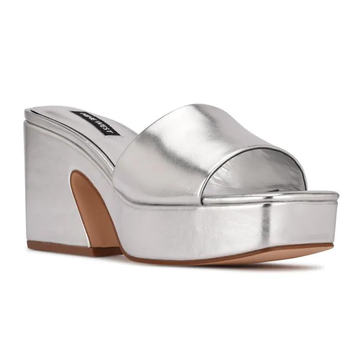 Nine West Heels Women Oklee Platform Slide Sandals Silver