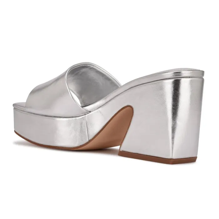 Nine West Heels Women Oklee Platform Slide Sandals Silver