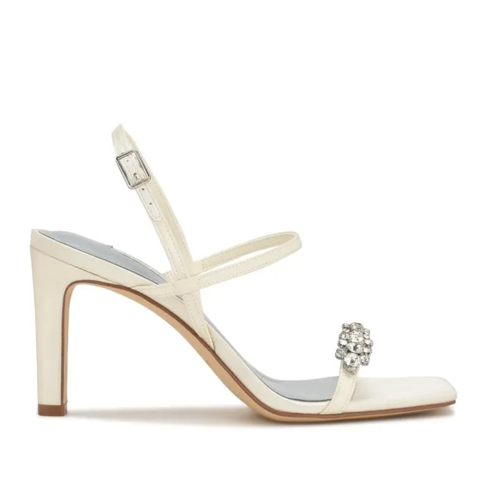 Nine West Heels Women Oreece Heeled Slingback Sandals Ivory Satin Crystal