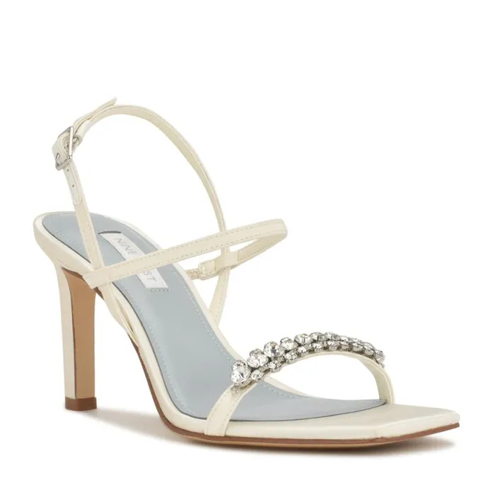 Nine West Heels Women Oreece Heeled Slingback Sandals Ivory Satin Crystal Nine West Heels Women Oreece Heeled Slingback Sandals Ivory Satin Crystal