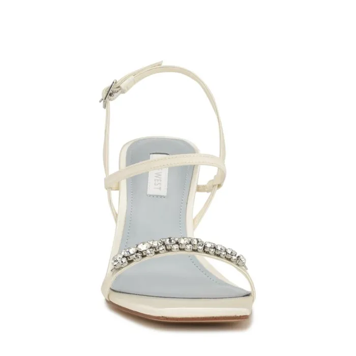Nine West Heels Women Oreece Heeled Slingback Sandals Ivory Satin Crystal Nine West Heels Women Oreece Heeled Slingback Sandals Ivory Satin Crystal
