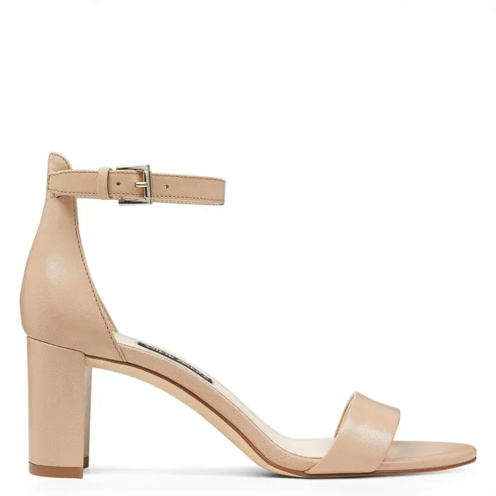 Nine West Heels Women Pruce Ankle Strap Block Heel Sandals Barely Nude Leather