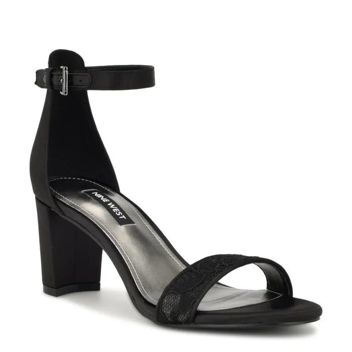 Nine West Heels Women Pruce Ankle Strap Block Heel Sandals Black Lace Nine West Heels Women Pruce Ankle Strap Block Heel Sandals Black Lace