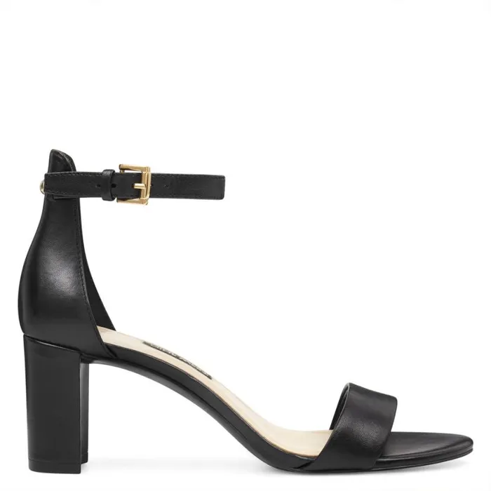 Nine West Heels Women Pruce Ankle Strap Block Heel Sandals Black Leather