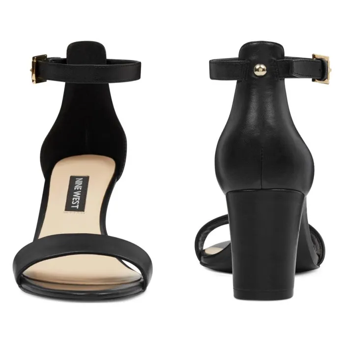 Nine West Heels Women Pruce Ankle Strap Block Heel Sandals Black Leather Nine West Heels Women Pruce Ankle Strap Block Heel Sandals Black Leather