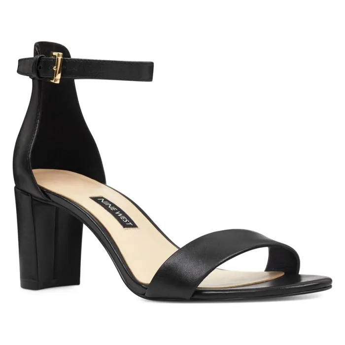 Nine West Heels Women Pruce Ankle Strap Block Heel Sandals Black Leather Nine West Heels Women Pruce Ankle Strap Block Heel Sandals Black Leather