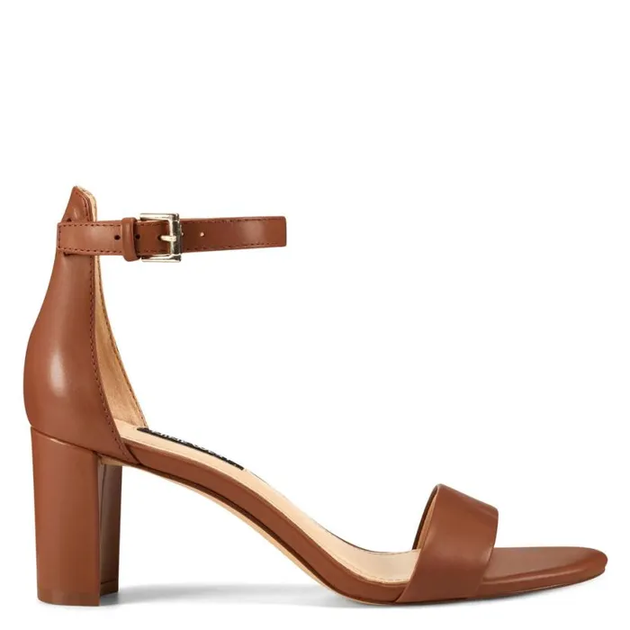 Nine West Heels Women Pruce Ankle Strap Block Heel Sandals Light Brown Leather