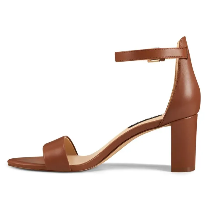 Nine West Heels Women Pruce Ankle Strap Block Heel Sandals Light Brown Leather Nine West Heels Women Pruce Ankle Strap Block Heel Sandals Light Brown Leather