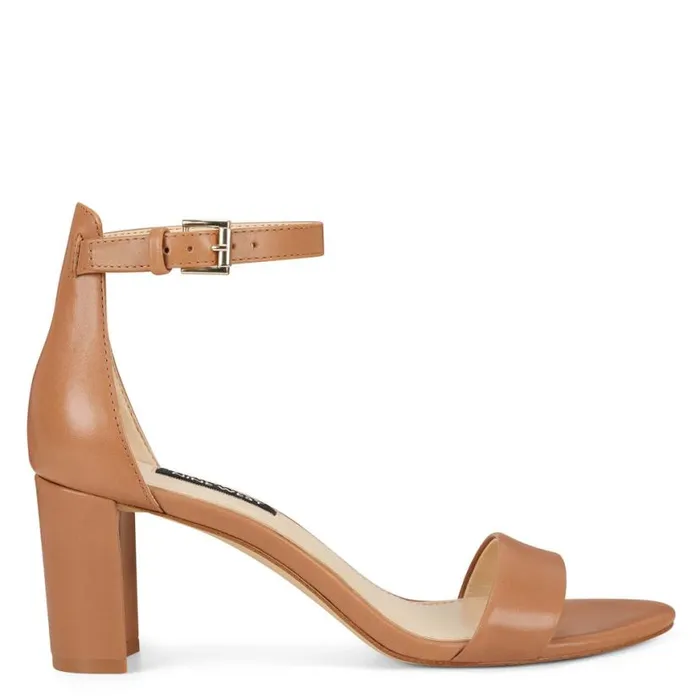 Nine West Heels Women Pruce Ankle Strap Block Heel Sandals Natural Leather
