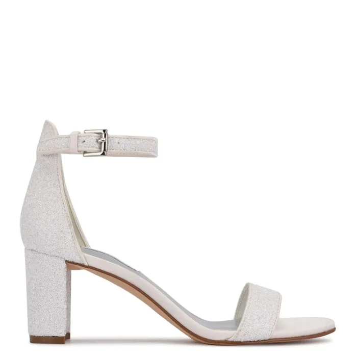 Nine West Heels Women Pruce Ankle Strap Block Heel Sandals Pearl Glitter