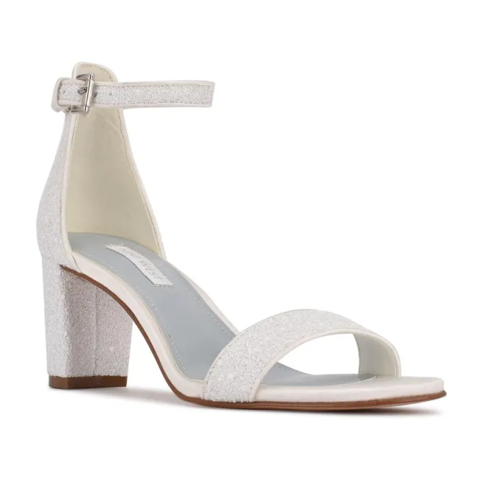Nine West Heels Women Pruce Ankle Strap Block Heel Sandals Pearl Glitter
