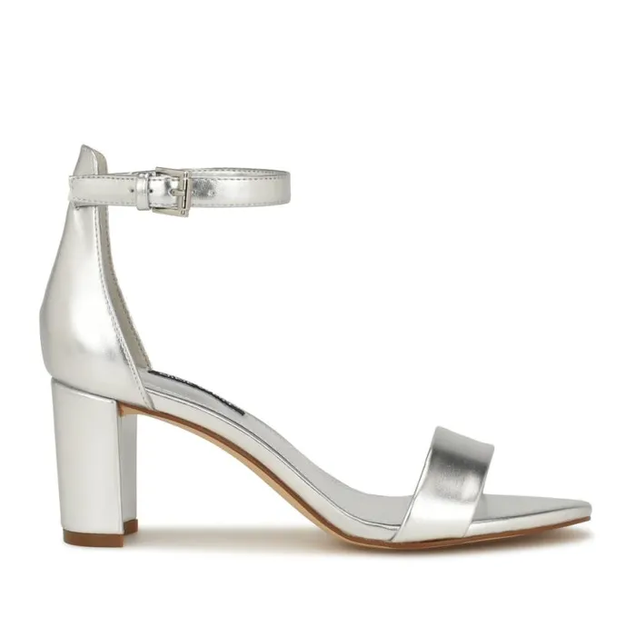 Nine West Heels Women Pruce Ankle Strap Block Heel Sandals Silver