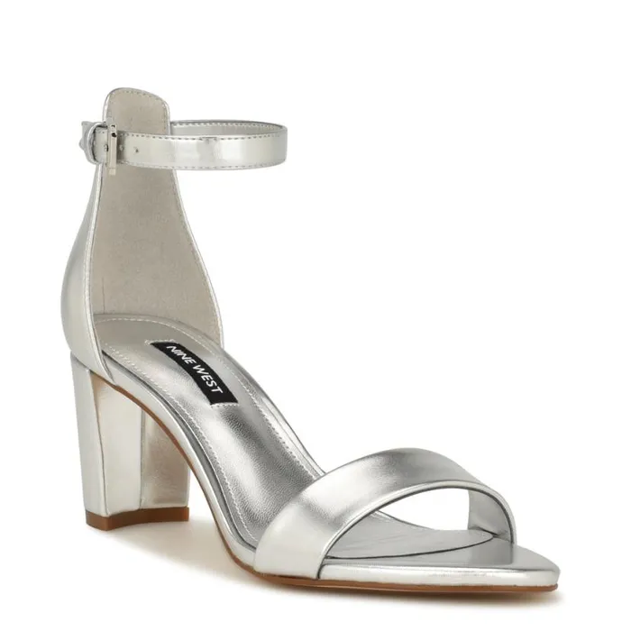Nine West Heels Women Pruce Ankle Strap Block Heel Sandals Silver Nine West Heels Women Pruce Ankle Strap Block Heel Sandals Silver