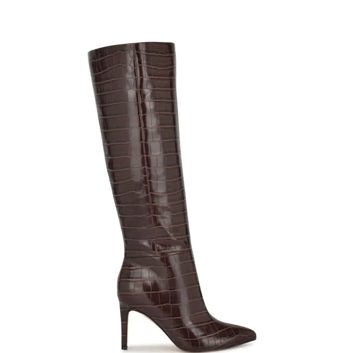 Nine West Heels Women Richy Wide Calf Heeled Boots Brown Croco