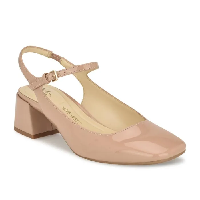 Nine West Heels Women Roslin 92159 Block Heel Pumps Nude Patent