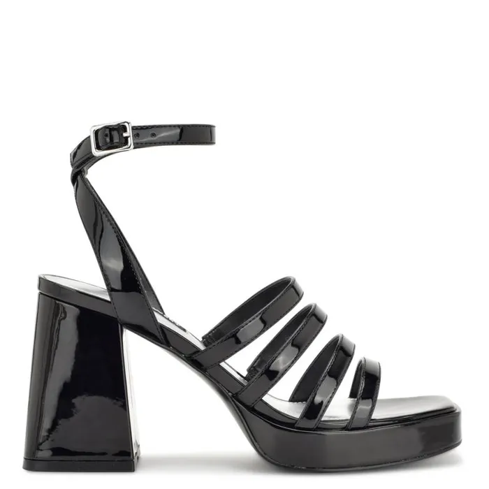 Nine West Heels Women Teriss Strappy Platform Sandals Black Patent