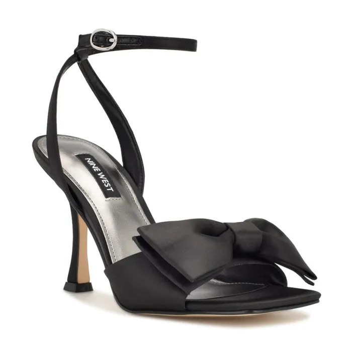 Nine West Heels Women Yaway Ankle Wrap Heeled Sandals Black Satin