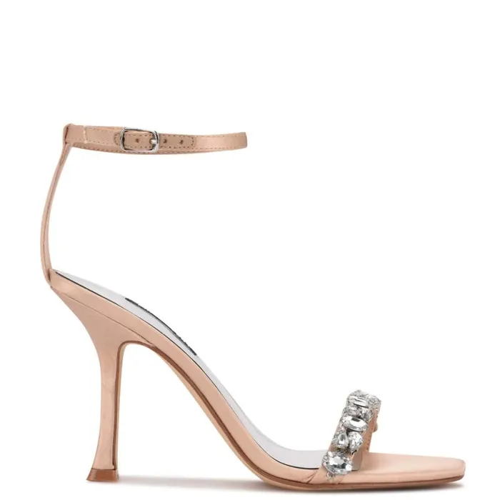 Nine West Heels Women Yazmin Ankle Strap Dress Sandals Natural Satin Crystal