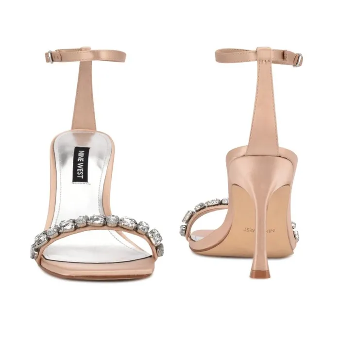 Nine West Heels Women Yazmin Ankle Strap Dress Sandals Natural Satin Crystal Nine West Heels Women Yazmin Ankle Strap Dress Sandals Natural Satin Crystal