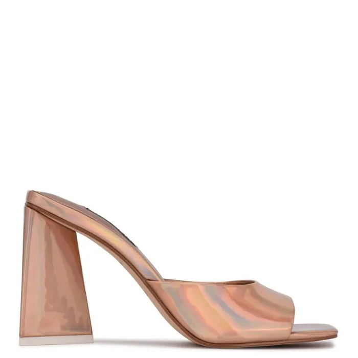 Nine West Heels Women Yougo Heeled Slide Sandals Beige Iridescent