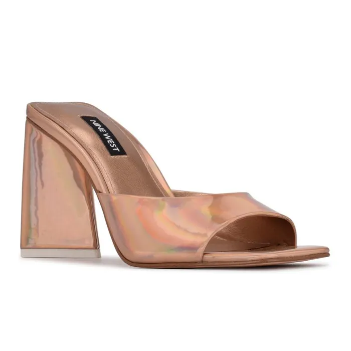 Nine West Heels Women Yougo Heeled Slide Sandals Beige Iridescent Nine West Heels Women Yougo Heeled Slide Sandals Beige Iridescent