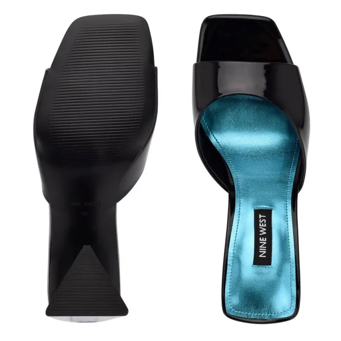 Nine West Heels Women Yougo Heeled Slide Sandals Black Patent