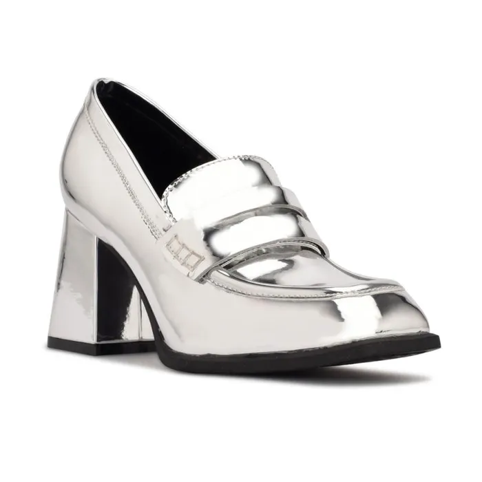 Nine West Heels Women Zest Heeled Loafers Silver Mirror Metallic