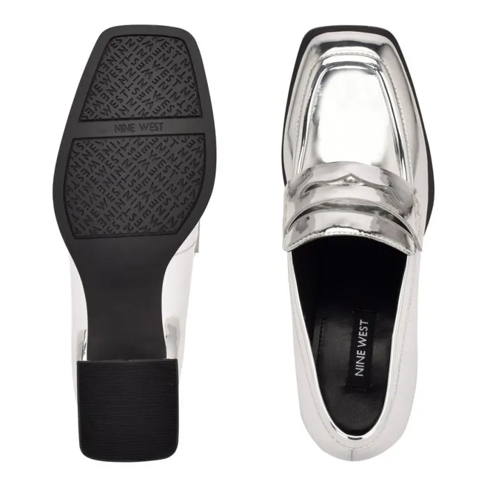 Nine West Heels Women Zest Heeled Loafers Silver Mirror Metallic