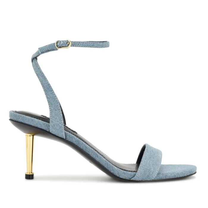 Nine West Sandals Women Anny Ankle Strap Heeled Sandals Blue Denim Fabric