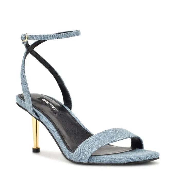 Nine West Sandals Women Anny Ankle Strap Heeled Sandals Blue Denim Fabric Nine West Sandals Women Anny Ankle Strap Heeled Sandals Blue Denim Fabric