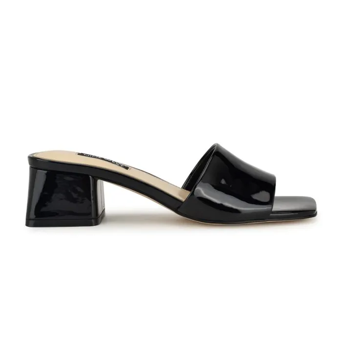Nine West Sandals Women Bamsy Block Heel Slide Sandals Black Patent