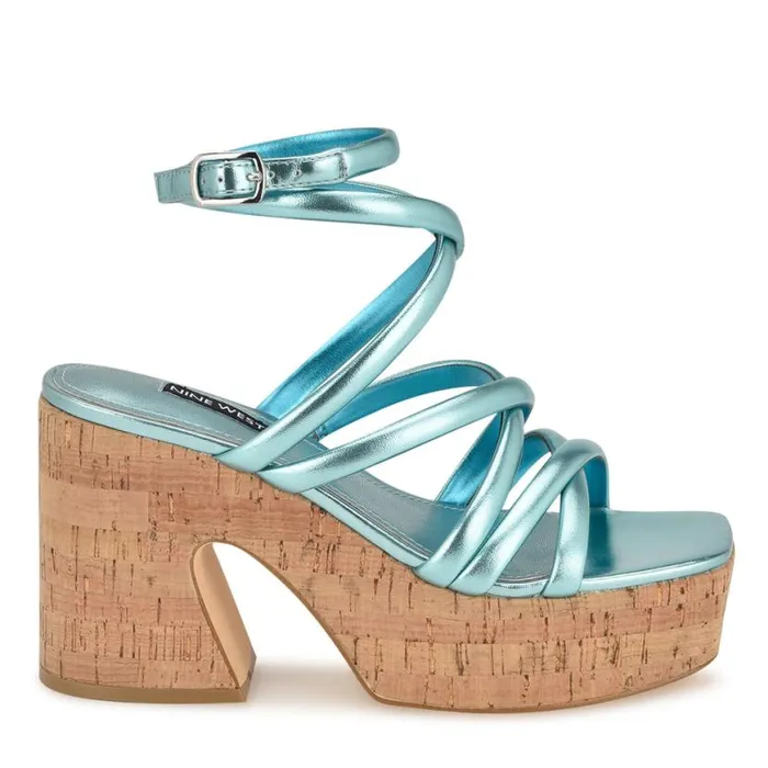 Nine West Sandals Women Corke Platform Wedge Strappy Sandals Light Blue