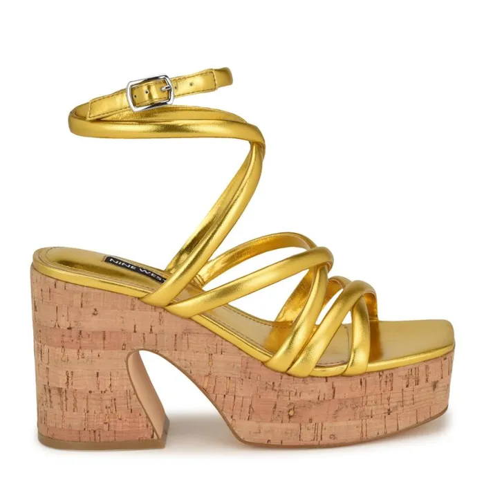 Nine West Sandals Women Corke Platform Wedge Strappy Sandals Yellow