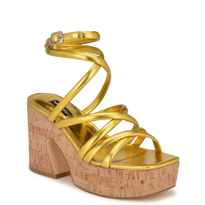Nine West Sandals Women Corke Platform Wedge Strappy Sandals Yellow