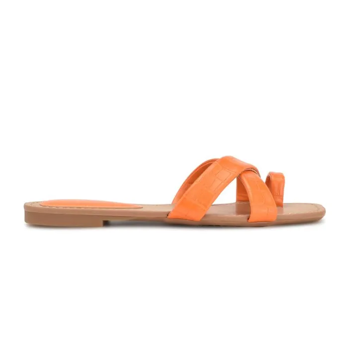 Nine West Sandals Women Dotty Flat Slide Sandals Orange Embossed Croco