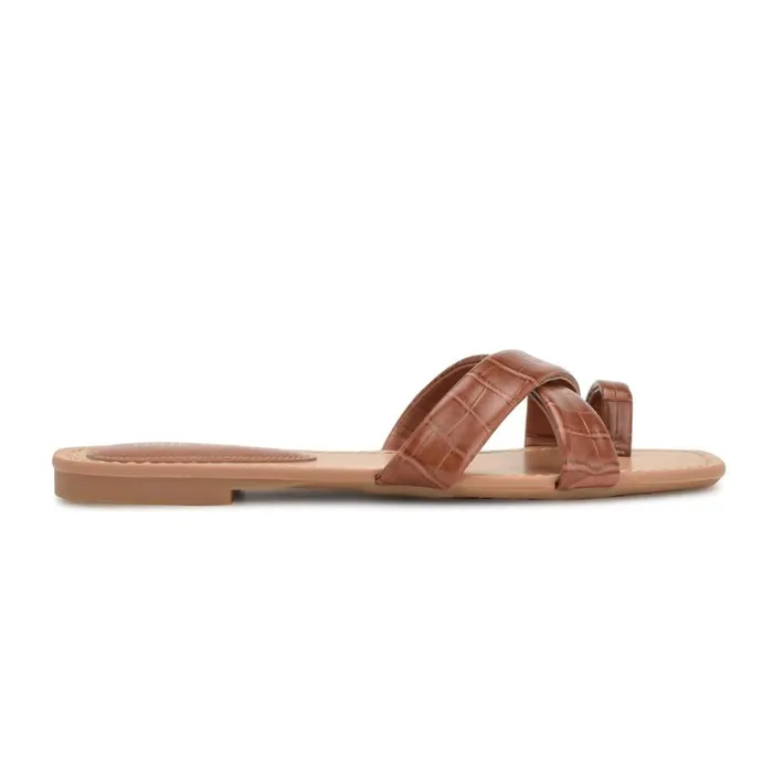Nine West Sandals Women Dotty Flat Slide Sandals Rich Coffee Embossed Croco