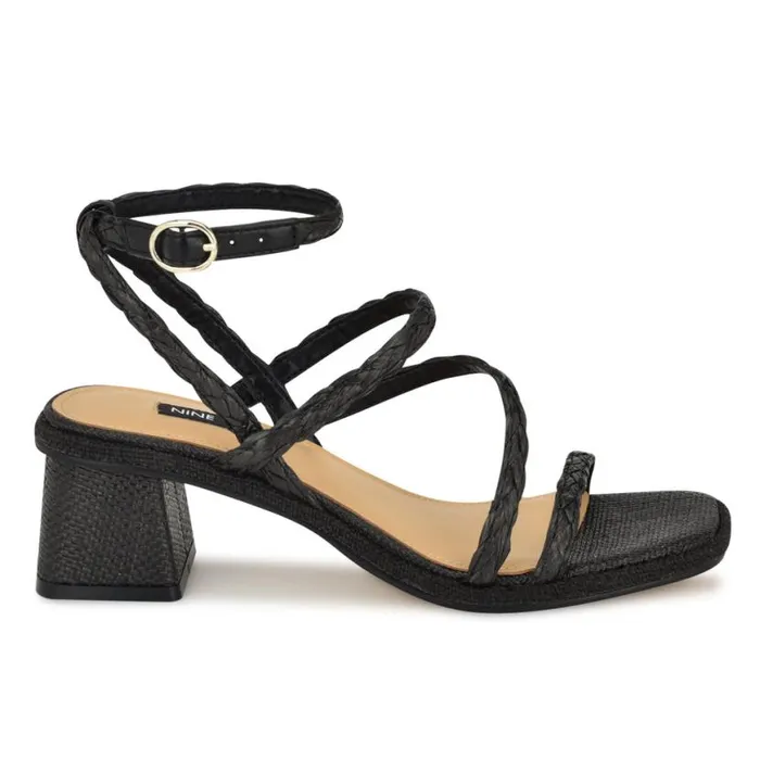 Nine West Sandals Women Emolly Raffia Block Heel Sandals Black Raffia