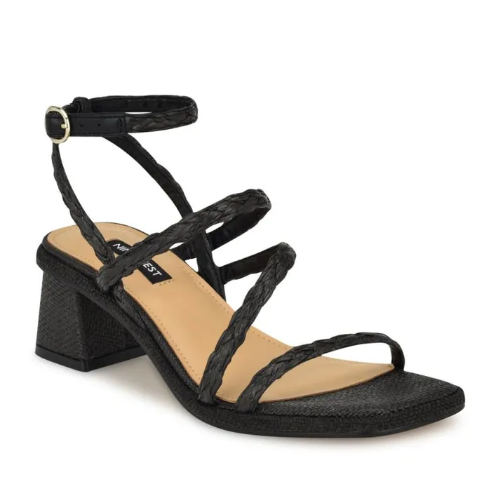 Nine West Sandals Women Emolly Raffia Block Heel Sandals Black Raffia