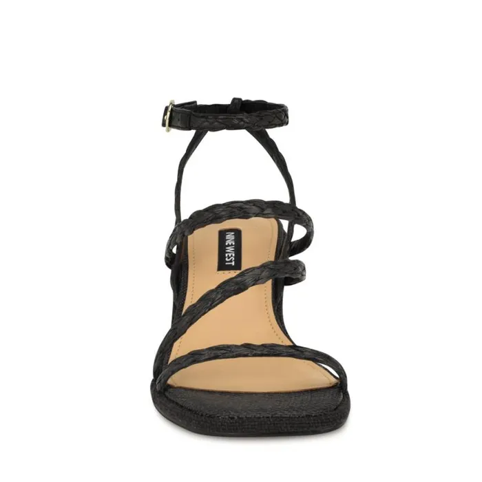 Nine West Sandals Women Emolly Raffia Block Heel Sandals Black Raffia