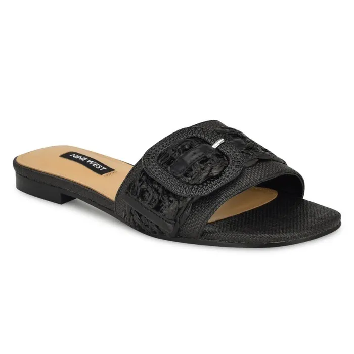 Nine West Sandals Women Hagleigh Flat Slide Sandals Black Raffia