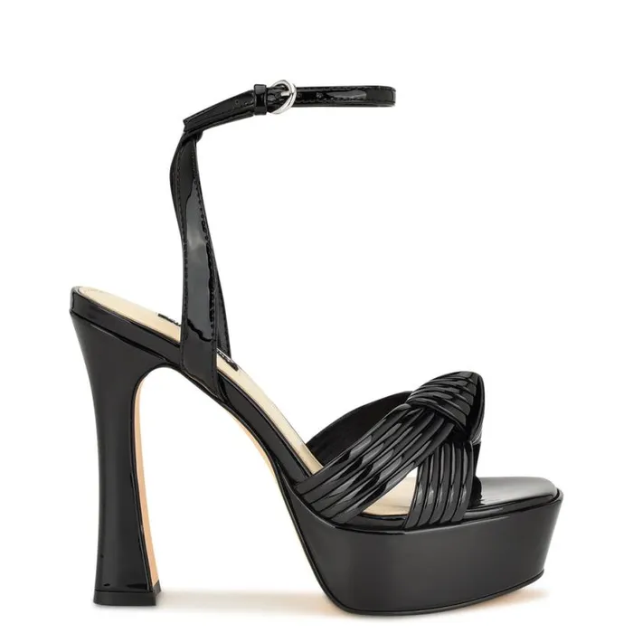 Nine West Sandals Women Irna Platform Ankle Strap Knotted Sandals Black Patent